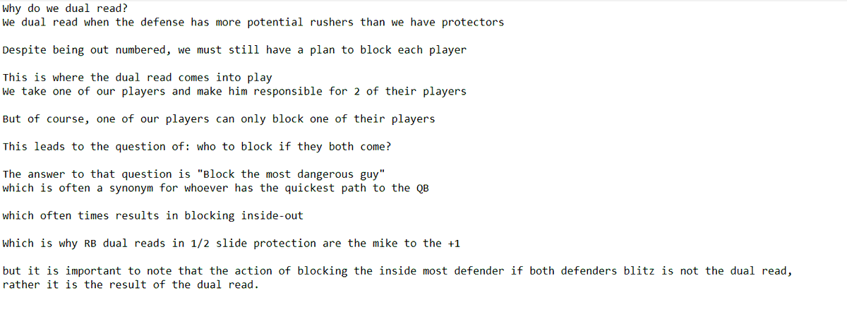 EMS_QB's tweet photo. @fishehboi I don't think that definition is detailed enough to accurately depict how dual reads function.

Blocking the inside most defender is not a dual read, rather it is the result of the dual read. https://t.co/Wr6lfR7w2r