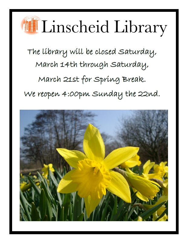 The library is closed Saturday, March 14th, through Saturday, March 21st, for Spring Break. We open at 4 PM on Sunday, the 22nd. For more details, see our hours of operation at ecok.libguides.com/about_the_libr…… #ECOKLibrary #ECUTigers #ECUTigerUpdates