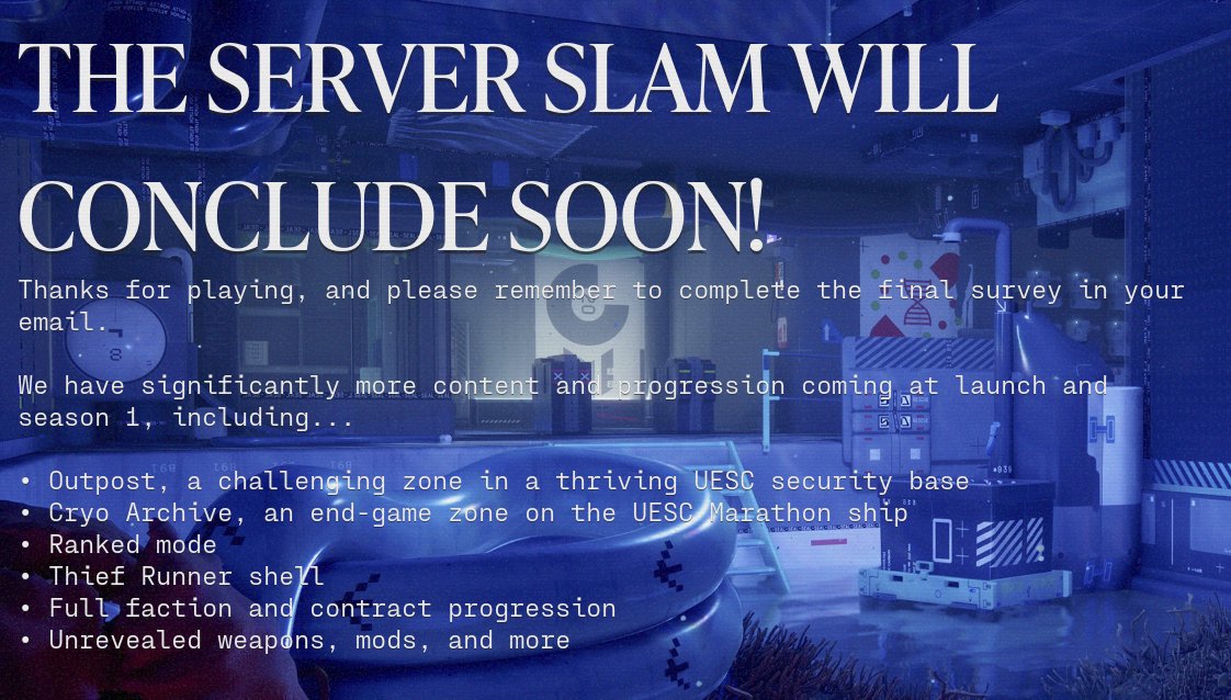 Friendly reminder that Marathon will be launching with more than what we've seen in the Server Slam 

🟢Outpost and Cryo Archive maps 
🟢Ranked Mode 
🟢Thief Runner Shell 
🟢Sekiguchi Faction 
🟢Full Faction + contract progression 
🟢Unrevealed weapons, mods, +more