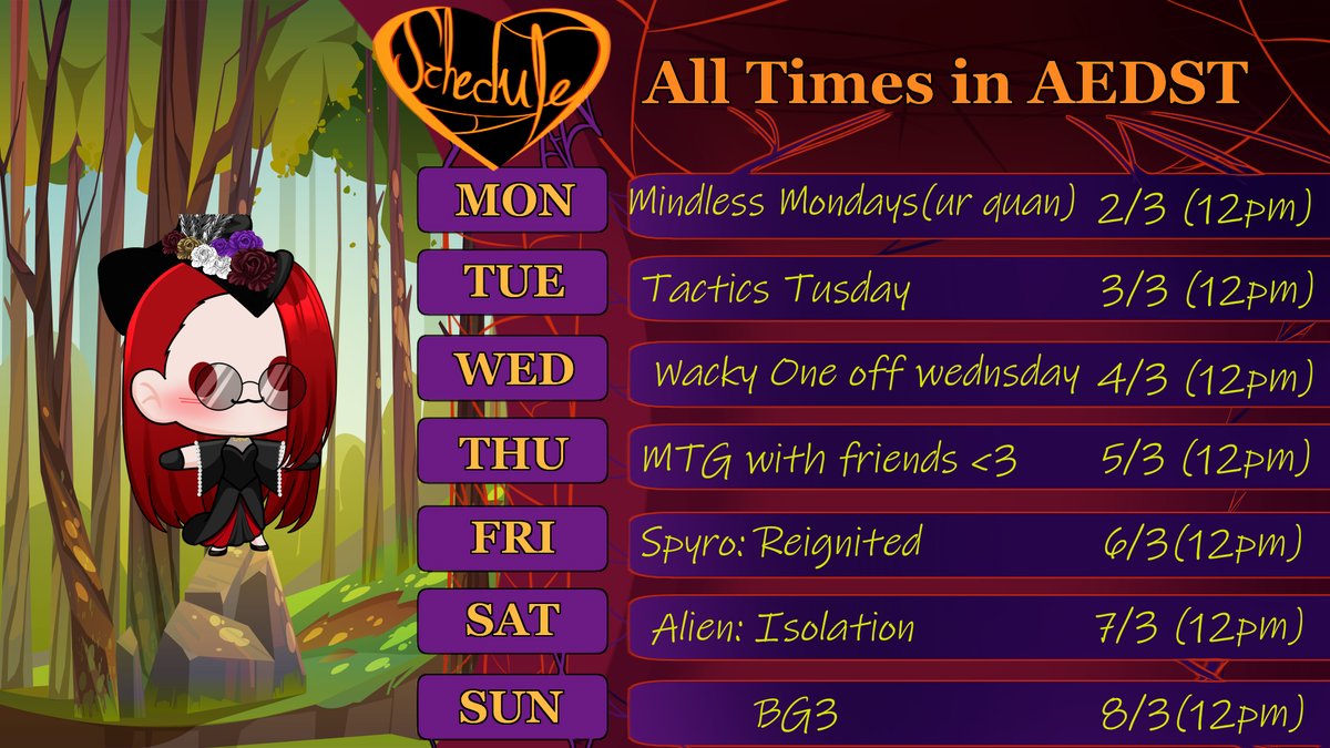 Heelooo my weavers Slight update to the scheduled

this week im gonna try a full week :3 and also mtg is thursday :3 we also have the new tactics tusday <3

much love my weavers