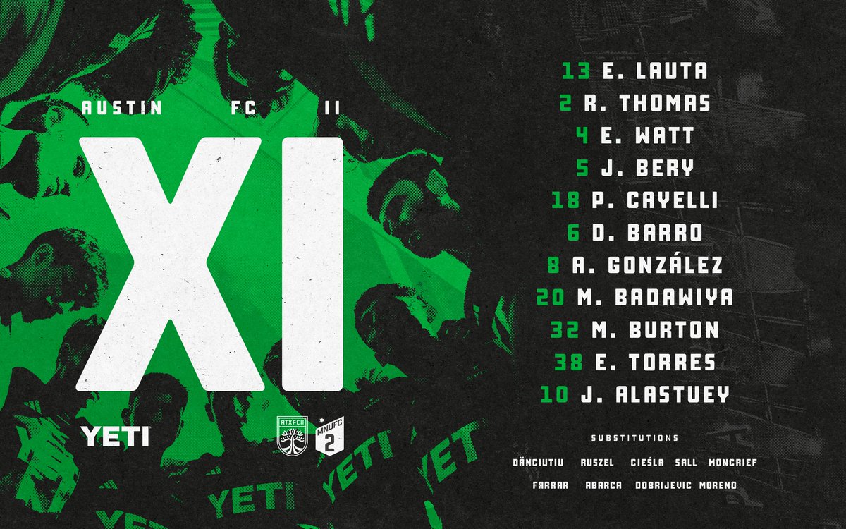 AustinFCII's tweet photo. Tonight's Starting XI to take on MNUFC2!
#AustinFCII x @YETICoolers https://t.co/wyxBahgava