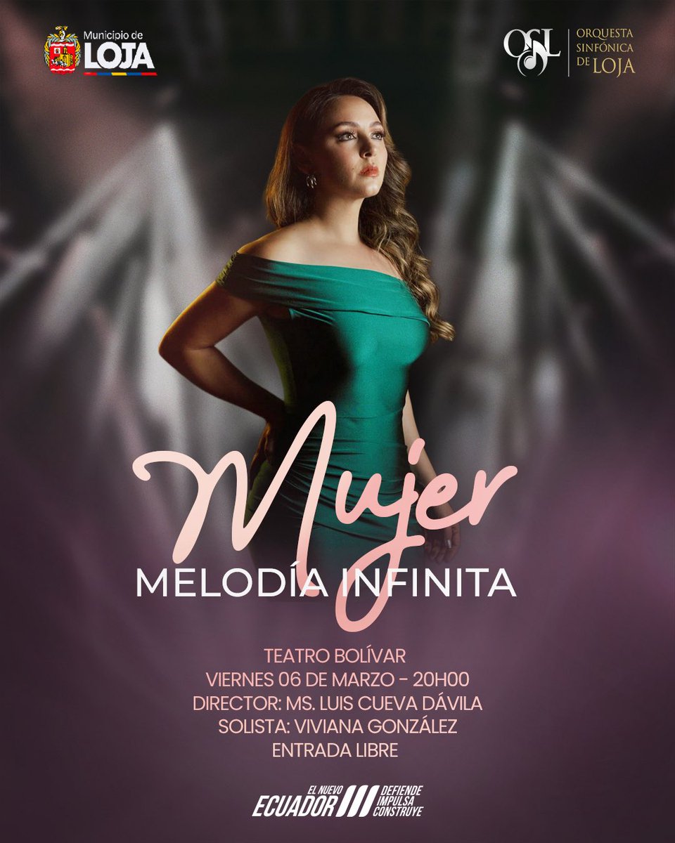 Este viernes presentamos “Mujer, Melodía Infinita” junto a Viviana González y bajo la dirección de Luis Cueva. 💜🎶

📍 Teatro Bolívar 🗓 6 de marzo 
🕗 20h00 🎟 Entrada libre

Celebremos su fuerza y su luz a través de la música. ✨

#SomosOsl