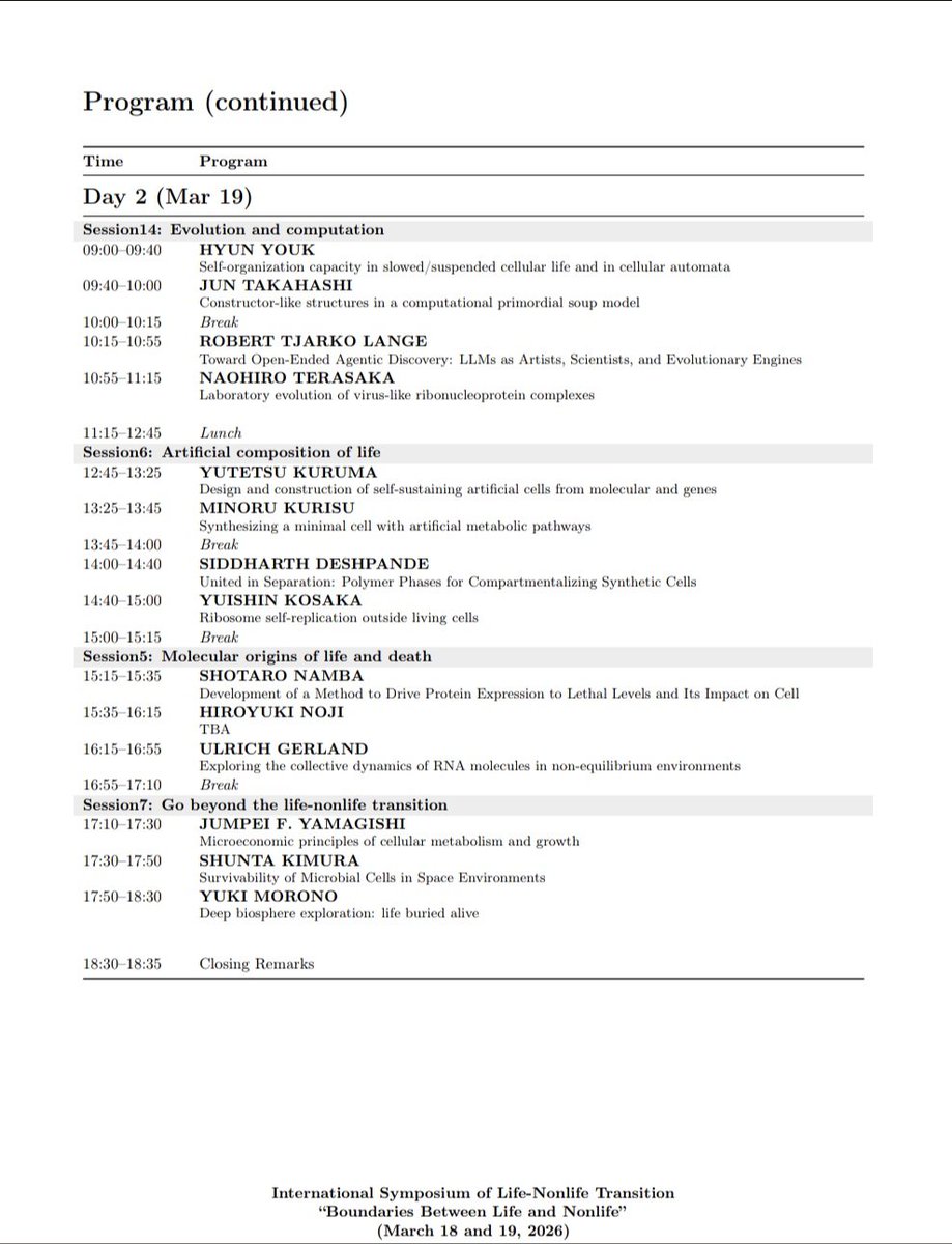 Life_Nonlife's tweet photo. 今月18日、19日に行われる国際会議 "Boundaries Between Life and Nonlife"のプログラムを公開しました！

幅広い分野から超エキサイティングなトークが目白押しですので、ぜひご参加ください！ https://t.co/7XZQl1fDlV