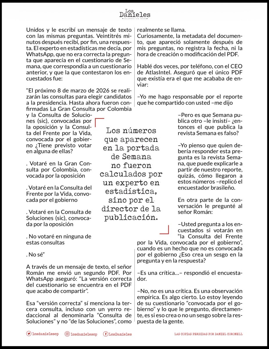 💣¡ESCÁNDALO! "Y así quedó claro que los números que aparecen en la portada de <a href="/RevistaSemana/">Revista Semana</a> no fueron calculados por un experto en estadística, sino por el director de la publicación (<a href="/YesidLancheros/">Yesid Lancheros</a>), me atrevo a pensar que con la ayuda del dueño"<a href="/DCoronell/">Daniel Coronell</a> #LaEncuestaAmañada