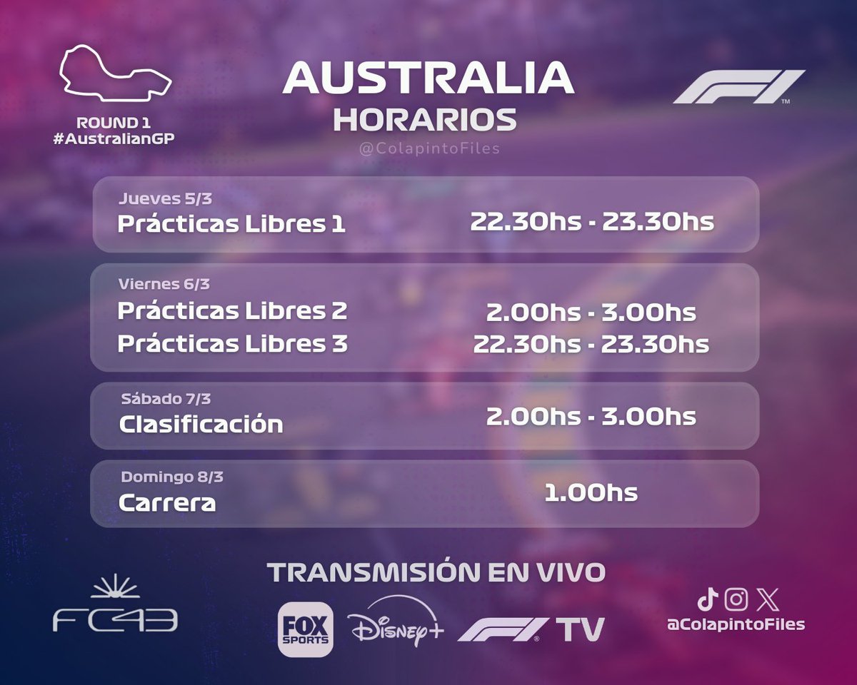ColapintoFiles's tweet photo. 🏁 ¡ESTAMOS EN SEMANA DE CARRERAAAAAA!

Paso a dejarles los horarios de la primera fecha de la temporada de Fórmula 1 para poder seguir a Franco Colapinto. 🇦🇺

Si quieren ver las carreras muchísimo más baratas, les dejo un link en el hilo que explica cómo 💸👇 https://t.co/br8PvTBj4b