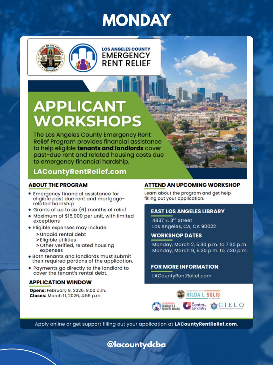 LACountyDCBA's tweet image. Mark your calendar 📅 The next two weeks at DCBA feature Cannabis Management training, Toy Loan Programs, Emergency Rent Relief workshops, and Consumer Protection for Seniors. Register today. #DCBA #Workshops #RentRelief #FinancialResources #DisasterRecovery #CannabisManagement