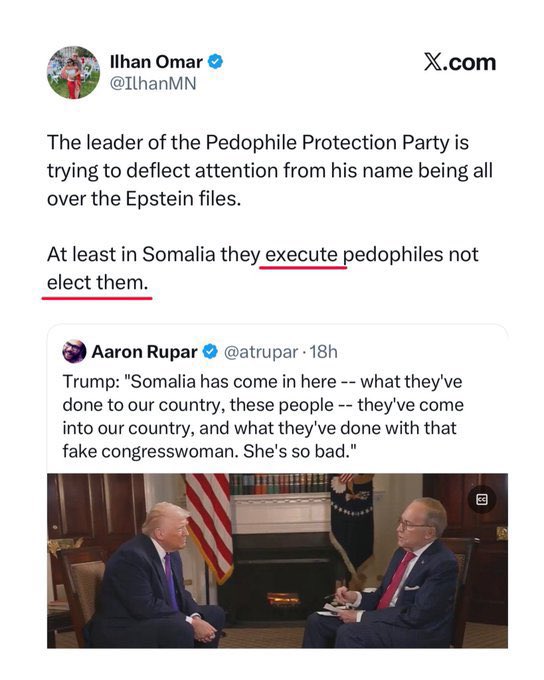 WHLeavitt's tweet photo. Breaking: America-hating Ilhan Omar calls Trump a pedophile and demands his execution—while praising Somalia’s dictatorial president!

Do you back Trump suing and deporting this traitor to her “beloved” Somalia? 

A. Yes 
B. No https://t.co/ZxEgm6ZvmC