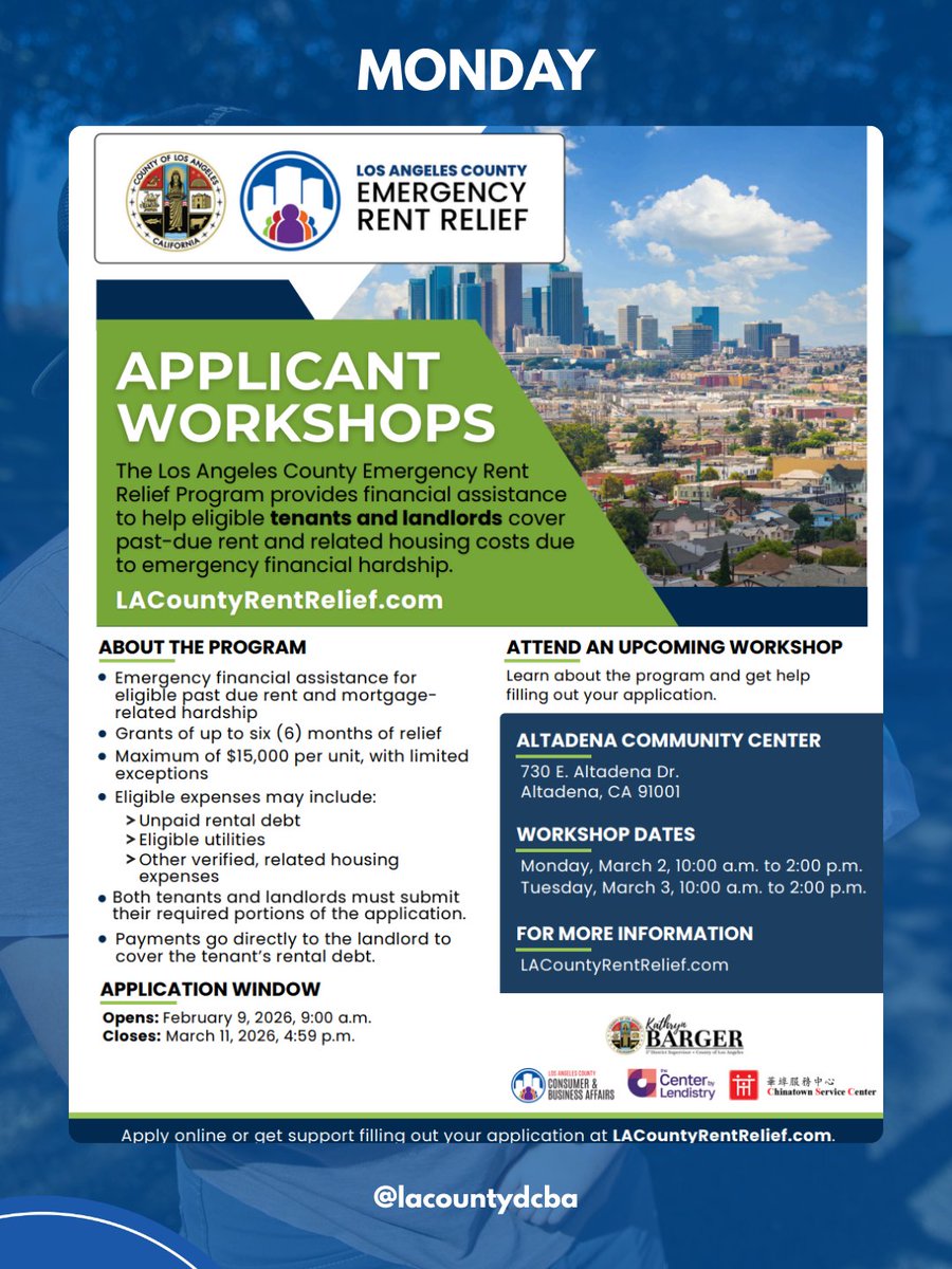 LACountyDCBA's tweet image. Mark your calendar 📅 The next two weeks at DCBA feature Cannabis Management training, Toy Loan Programs, Emergency Rent Relief workshops, and Consumer Protection for Seniors. Register today. #DCBA #Workshops #RentRelief #FinancialResources #DisasterRecovery #CannabisManagement