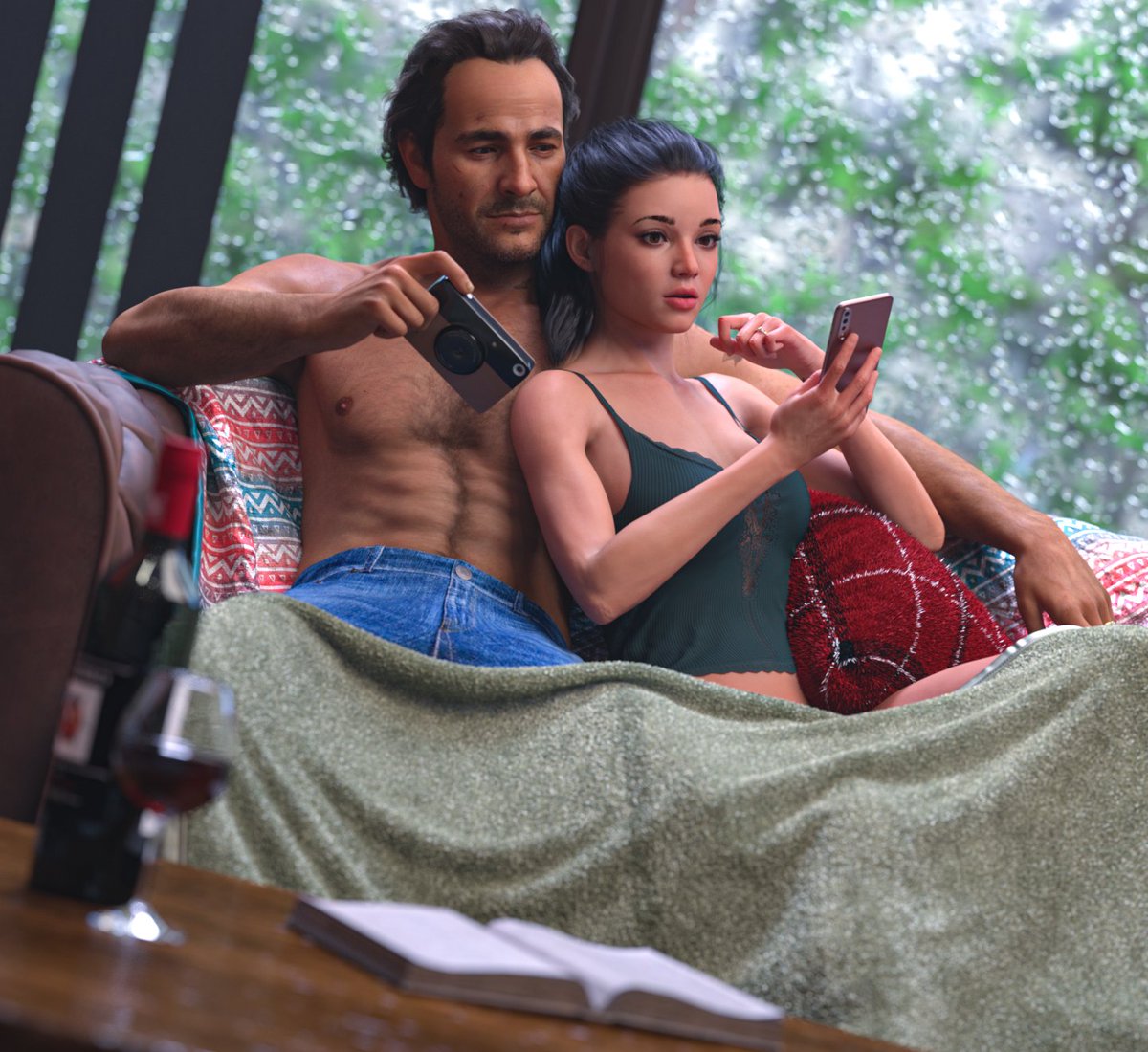 SnowCrowe's tweet photo. Sam and Tali (My OC) looking over vacation photos during a rainy evening. 

Sam model by Blopblopfish 
Sam Re-texture @ZetaSaintArt 
---
*Please do not use my art without credit. NO EDITS! My art is NOT ai  #DazStudio #Uncharted #SamuelDrake #SamDrake #UnchartedOC https://t.co/fNYbx7aLQx