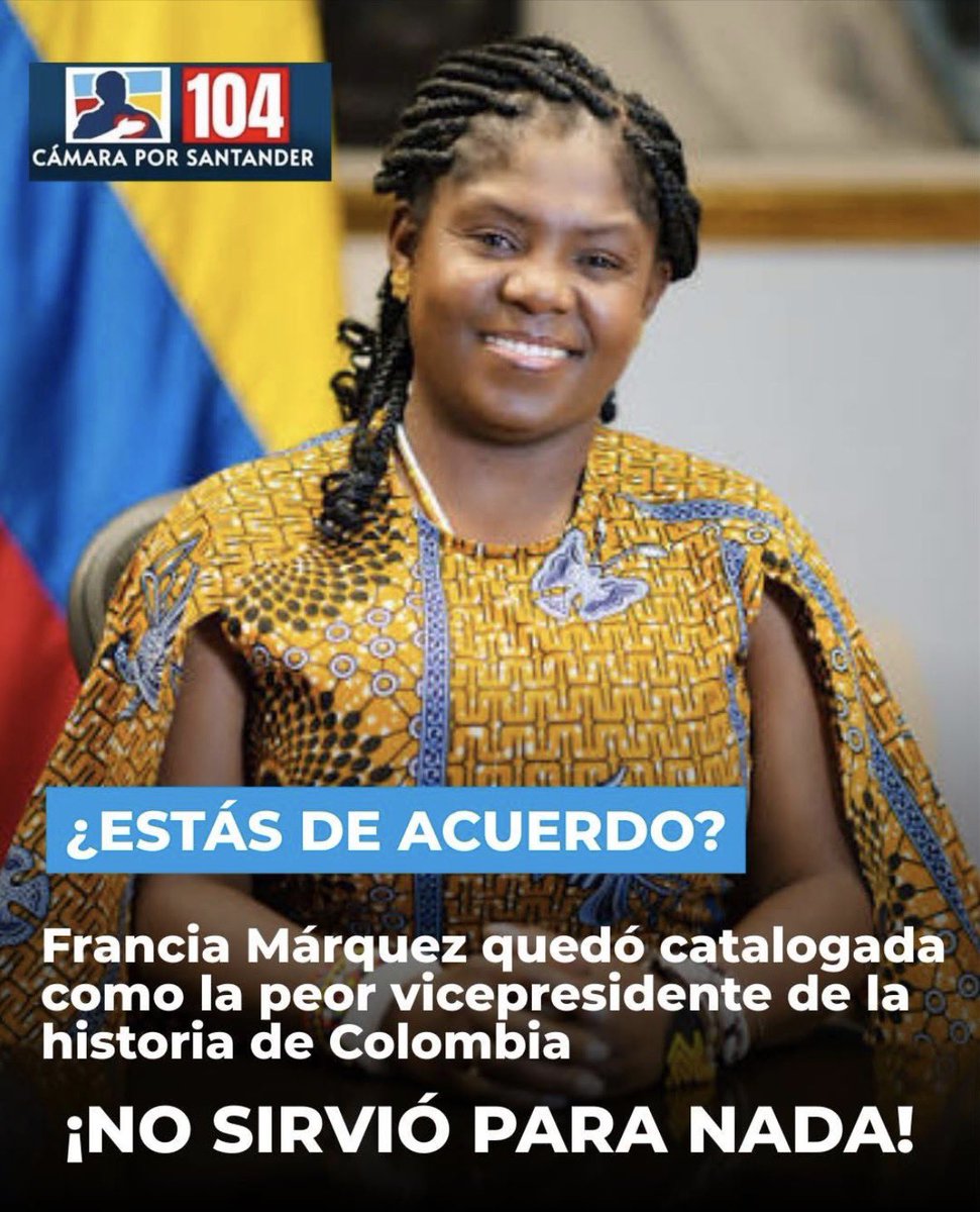 ¿Estás de acuerdo? ❤️RT

Francia Márquez la vicepresidenta peor de la historia de Colombia, no sirvió para nada.