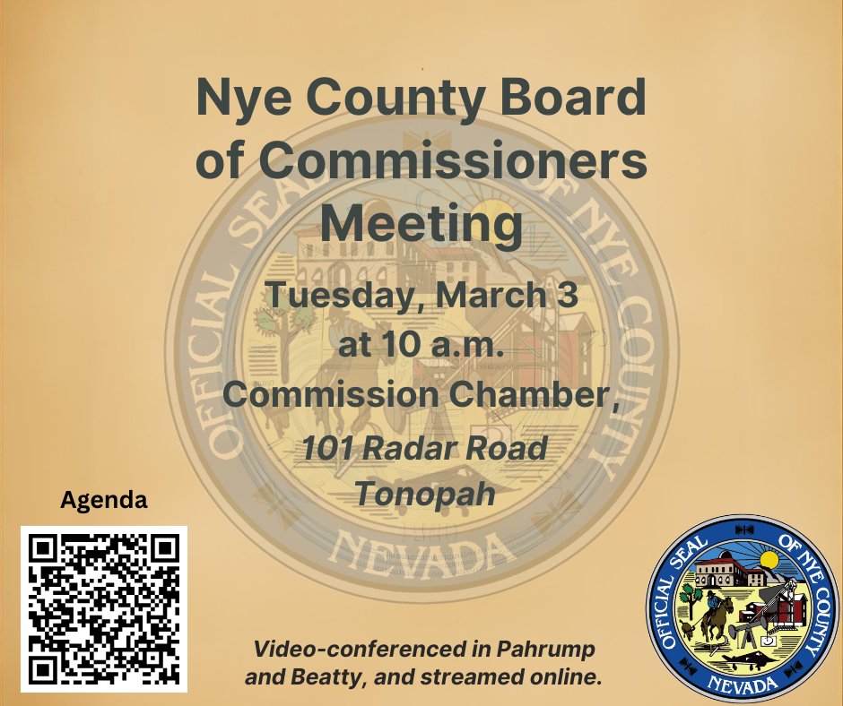 Today's County Commission meeting at 10 a.m. in Tonopah will be video‑conferenced in Pahrump and Beatty and streamed online at: nyecounty.granicus.com/ViewPublisher.….

Community participation is welcome. Stay informed and make your voice heard.
#CountyGov #TonopahNevada