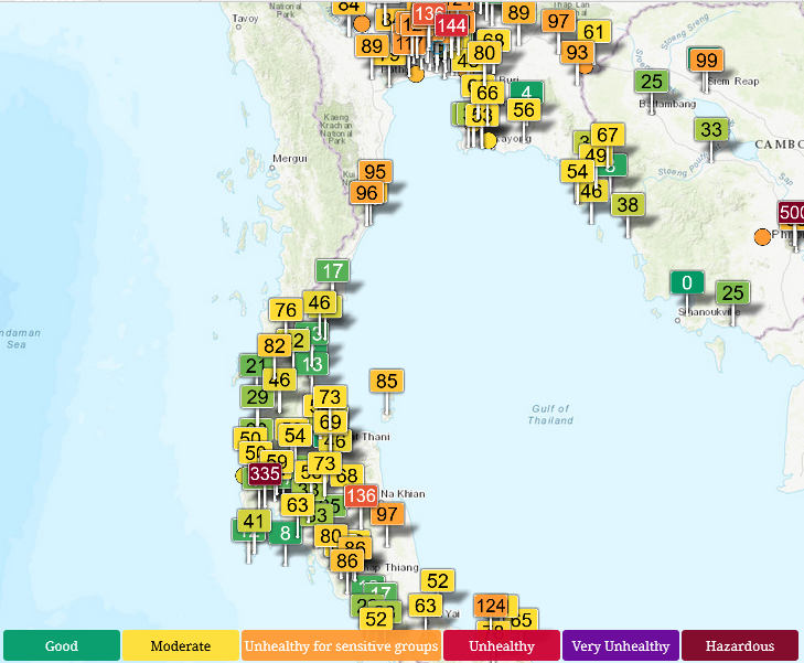 HelmutDuerrast's tweet photo. 02 Mar 26 around 07:00
#AirPollution #PM25 PM 2.5 #Smog season for #Bangkok and #Thailand. Here, near-surface measurements for determination of AQI via https://t.co/d9CdNsR8Ww
>#HuaHin #KoSamui
>Upper South=GREEN to YELLOW
>WIND/RAIN/TERRAIN make difference https://t.co/F5ldk02O8v