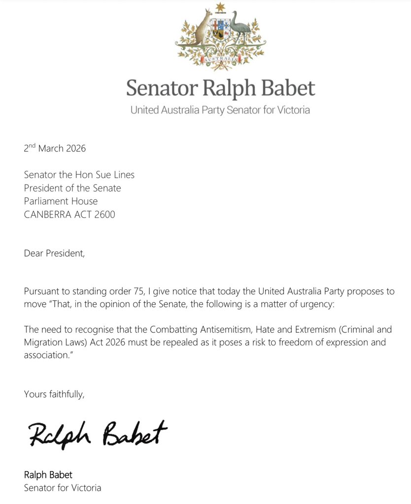 This afternoon, I will move an urgency motion in the Australian Senate calling for the repeal of the Combatting Antisemitism, Hate and Extremism (Criminal and Migration Laws) Act 2026 a law I believe infringes Australians’ fundamental rights to freedom of expression and