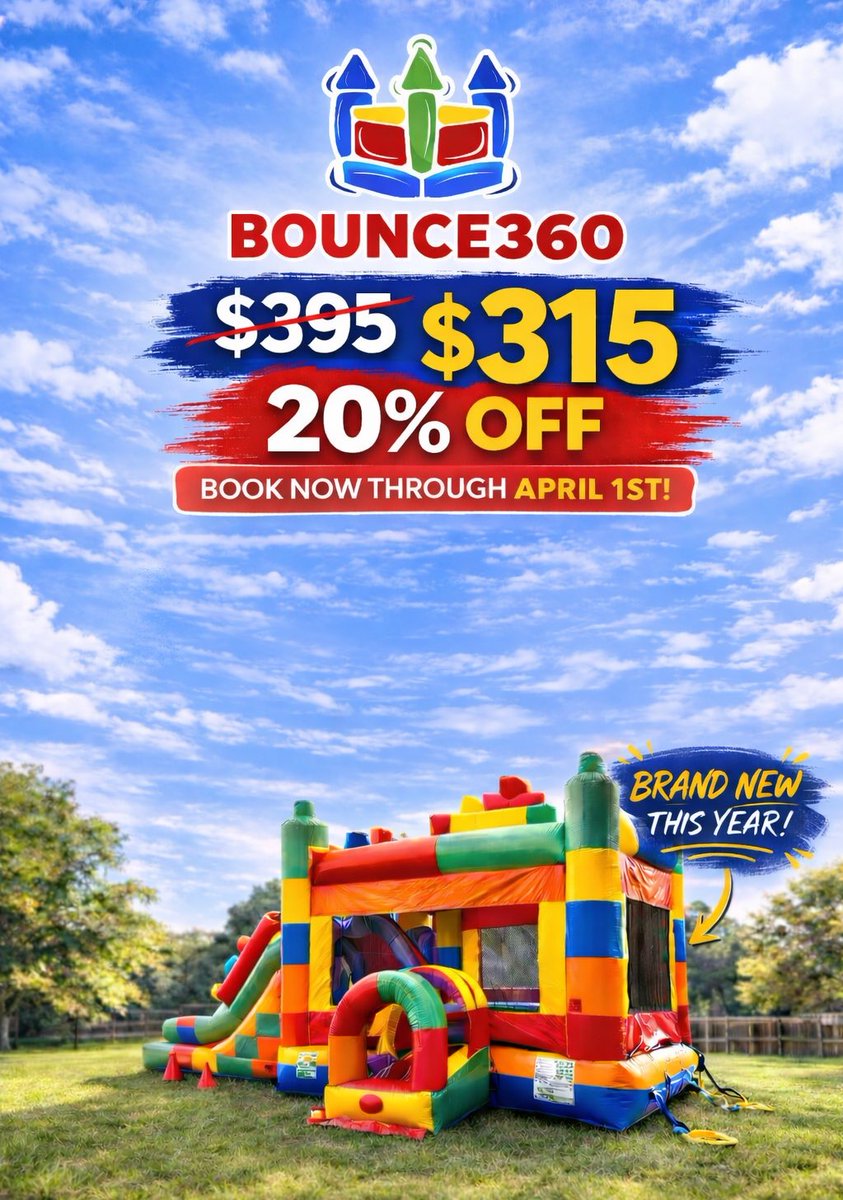 TheBounce360's tweet photo. 🚨 20% OFF Bounce360 Combo Rentals! 🚨

$395 ➡️ $315
Featuring one of our BRAND NEW units this year 🔥

Book by April 1st to lock it in.
https://t.co/wiPhjuU5eV https://t.co/W7ssOvlCL7
