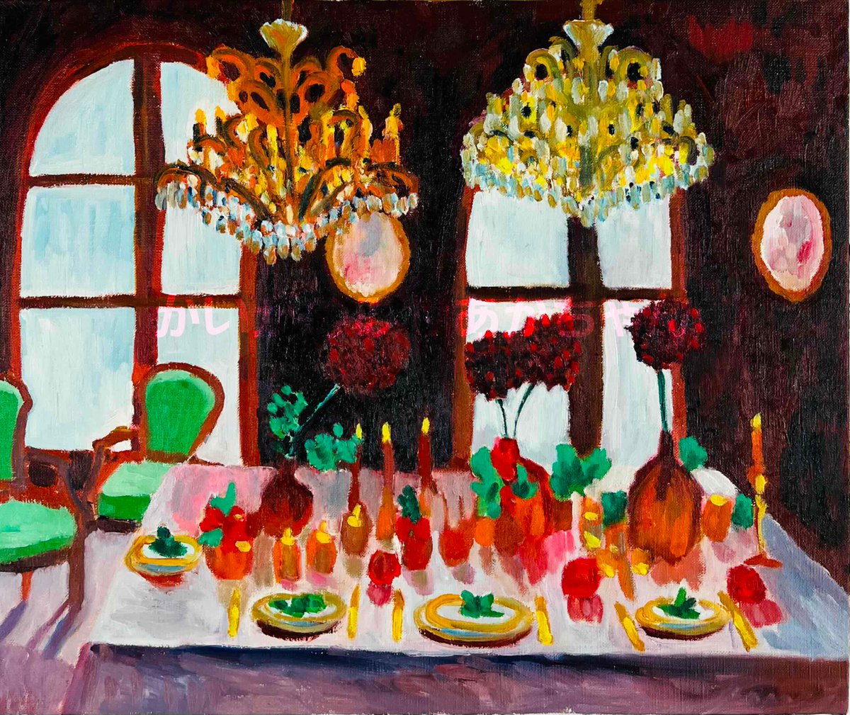 シャンデリアの在る豪華なテーブル 油彩 38×46㎝ F8サイズ 2022年作