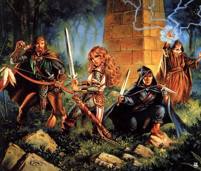 Peregrine (9th level ranger), Allene (9th level Warrior), Rufus Thistlebee (7th level thief) and Tobias (9th level Wizard) by Clyde Caldwell
