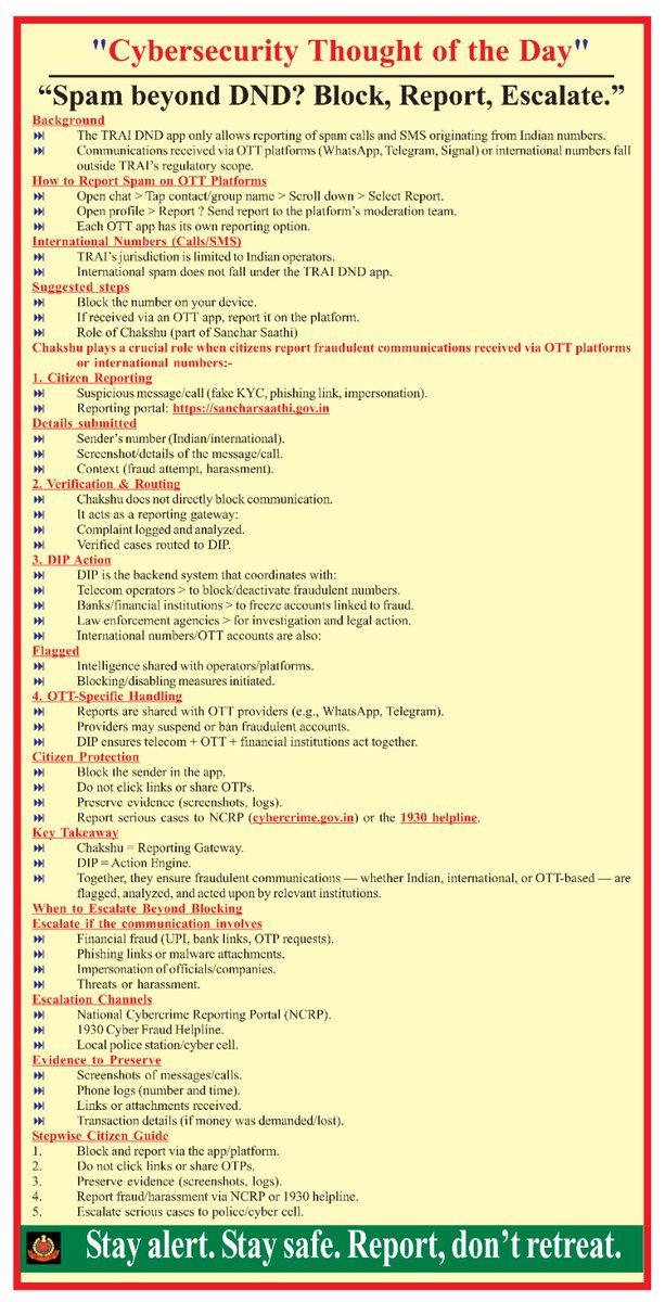 bthepolice's tweet image. 📍“Spam beyond #DND? #Block, #Report, #Escalate.”  
🔹 #TRAI DND covers only Indian calls/SMS.  
🔹 #OTT spam (#WhatsApp/#Telegram) &amp;amp; #Internationalnumbers → outside TRAI scope.  
🔹 Use in-app Report + Block.  
🔹 Escalate fraud via #Chakshu (#SancharSaathi), #NCRP, or 1930.