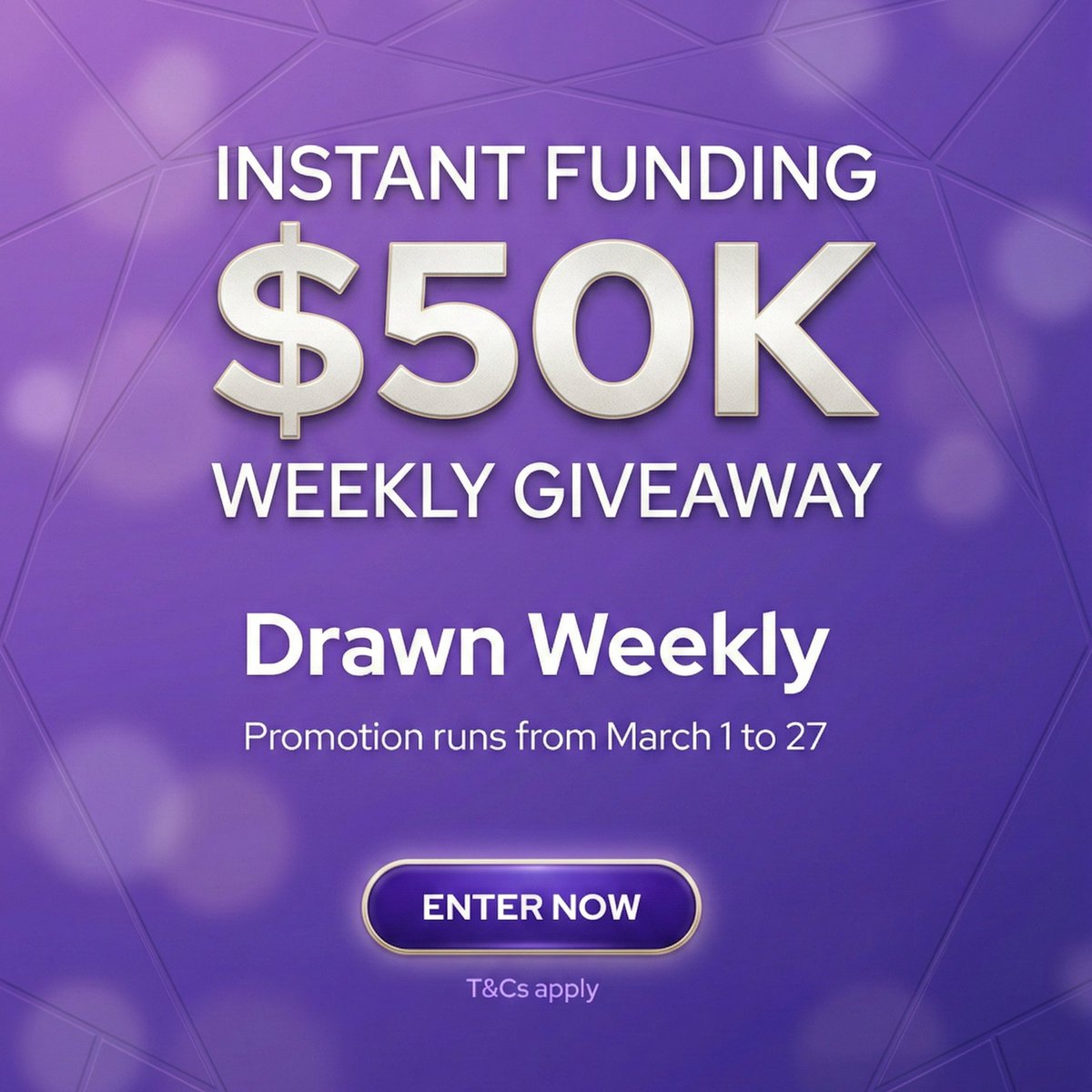 We’re running a special promotion for March where we’ll be giving away a $50k Instant Funding account every week.

Every purchase you make during the week gives you entries into the draw:

5k = 1 entry
10k = 2 entries
25k = 3 entries
50k = 4 entries
100k = 5 entries
200k = 6