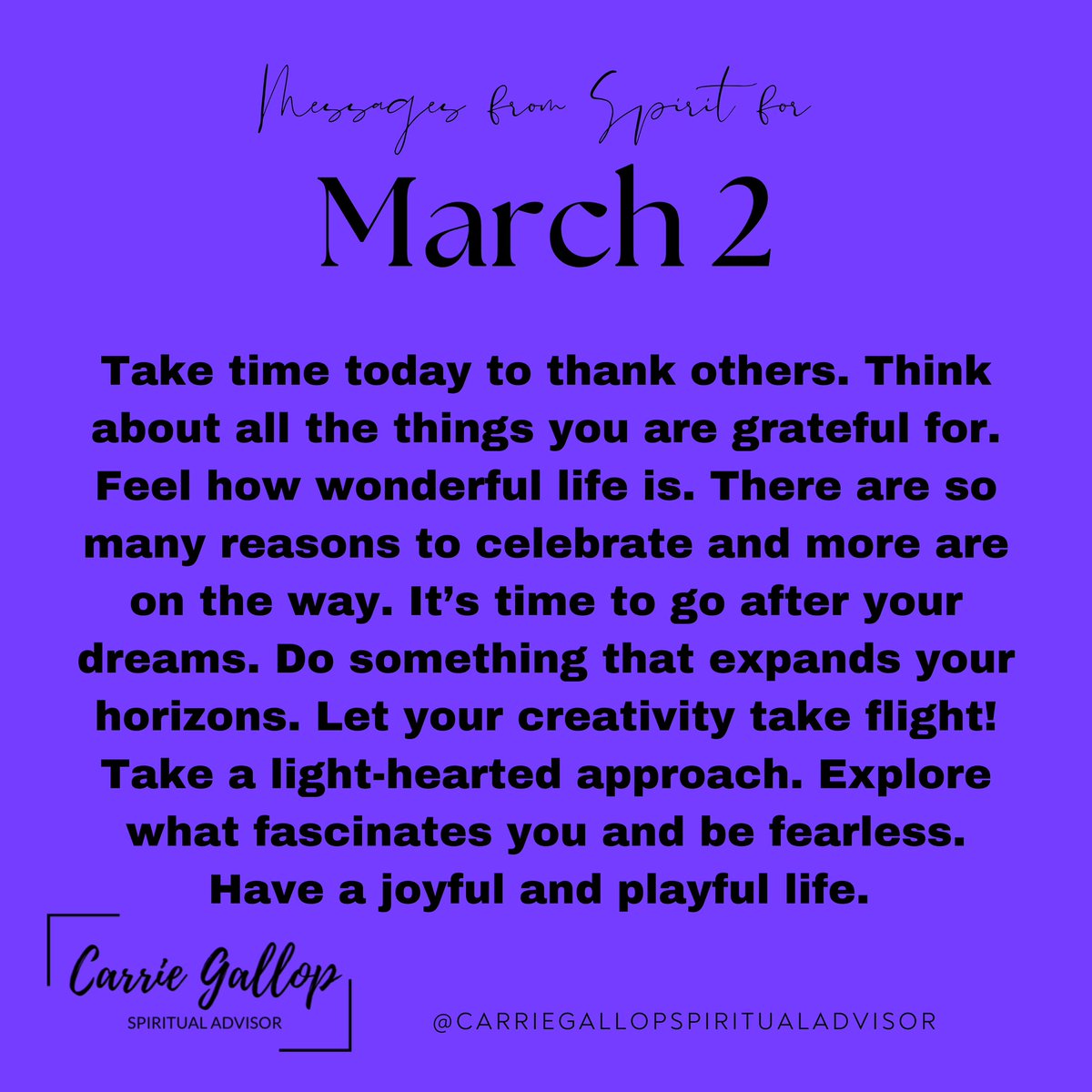 CarrieGallop's tweet photo. Messages From Spirit for March 2 💕🙏✨
#Daily #Messages #Gratitude #Grateful #Thankful #ThankOthers #ThinkPositive #Wonderful #Life #Celebrate #SoManyReasons #MoreToCome #GoAfterYourDreams #Dreams #ExpandYourHorizons #Creativity #Explore #Fascinations #BeFearless #Joyful #Play https://t.co/snstl96iys