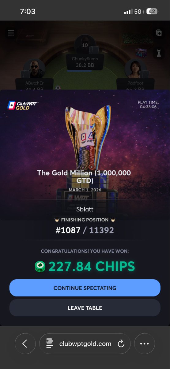 Only a min cash but in for ~$60 in Satty’s so no complaints. 

So tough to get a stack going late if you don’t get the goods with every pot going mulitway no matter the preflop raise