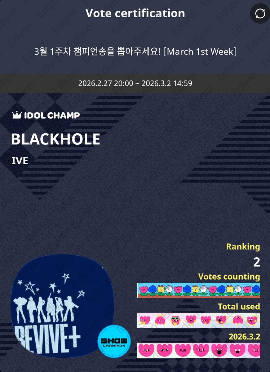 edlnlive's tweet photo. Today is the last day of voting for Show Champion and it’s ending in just a few hours. Please, if you can, participate in the voting. Our opponents are catching up fast.

Even if we can’t secure #1, let’s at least close the gap as much as possible to give IVE a higher chance. https://t.co/lNVIyvsvFe