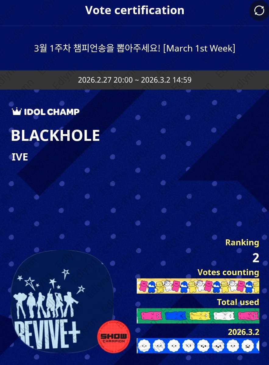 edlnlive's tweet photo. Today is the last day of voting for Show Champion and it’s ending in just a few hours. Please, if you can, participate in the voting. Our opponents are catching up fast.

Even if we can’t secure #1, let’s at least close the gap as much as possible to give IVE a higher chance. https://t.co/lNVIyvsvFe