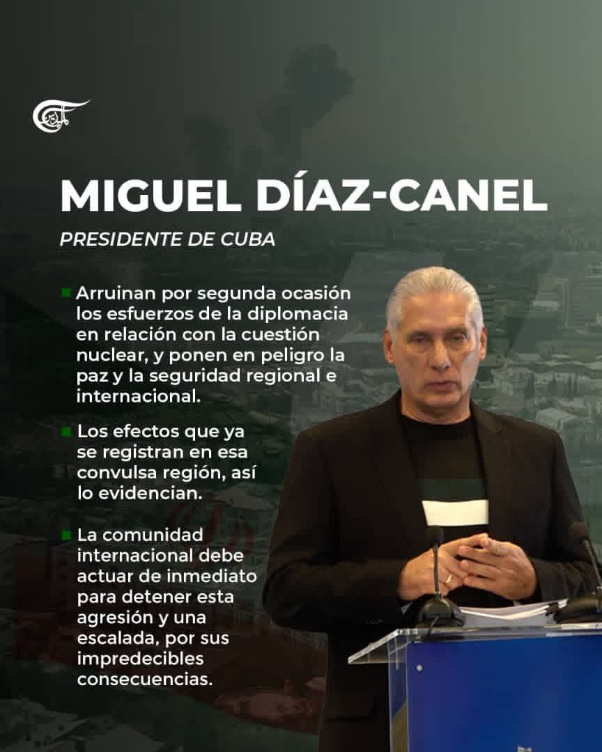 Miguel <a href="/DiazCanelB/">Miguel Díaz-Canel Bermúdez</a> : " La comunidad internacional debe actuar de inmediato para detener esta agresión y una escalada ,por sus impredecibles consecuencias ". 
#LatirAvileño #SinPerderUnDía #LatiendoConFidel <a href="/AlfreMene37409/">Alfre Menendez</a> <a href="/DiazCanelB/">Miguel Díaz-Canel Bermúdez</a> <a href="/DrRobertoMOjeda/">Dr. Roberto Morales Ojeda</a> <a href="/PartidoPCC/">Partido Comunista de Cuba</a>