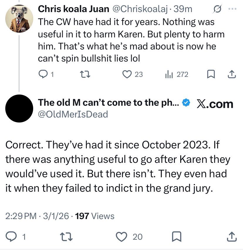<a href="/Nickyhaircuts/">Nick Rocco</a> <a href="/db71123/">DB</a> I’m guessing she did not consent with Karen or her attorneys before releasing their messages to AFKR? Because it seems as if she has decided that this was ok to do because it won’t harm them. And I agree, it’s not harmful. But still seems violating