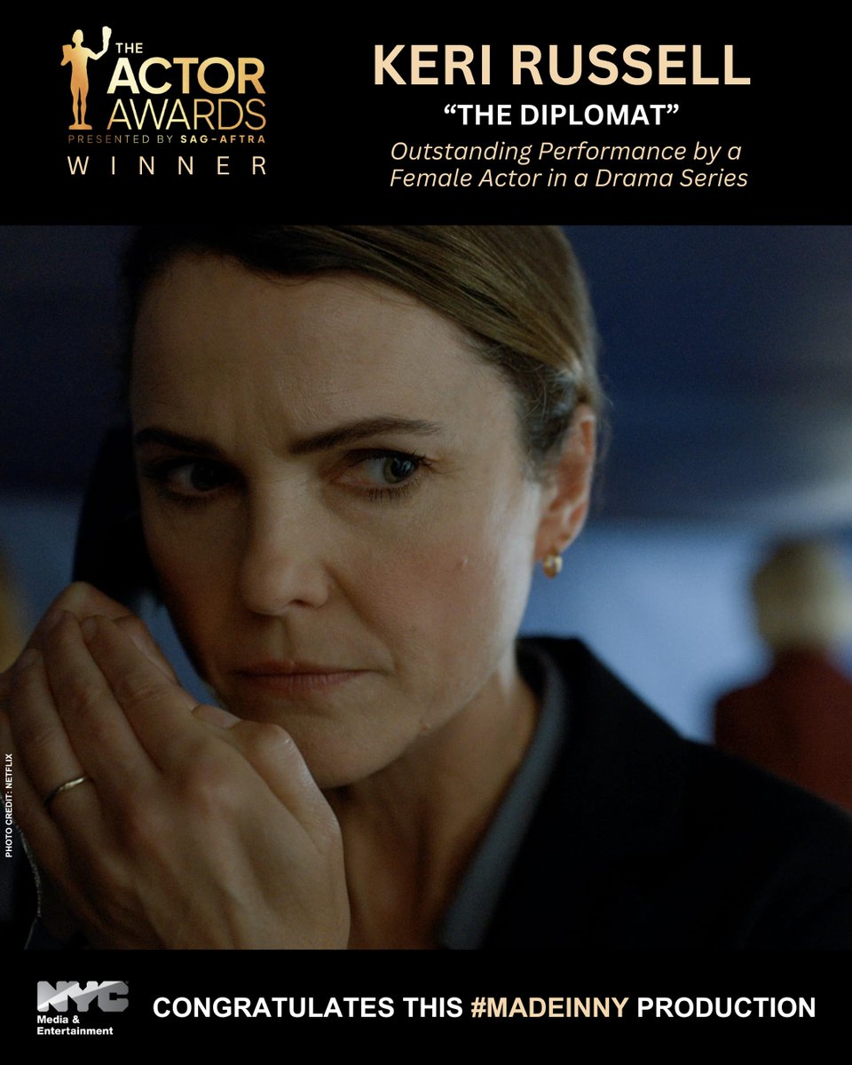 MadeinNY's tweet photo. Congratulations to Keri Russell on her @theactorawards win as Outstanding Performance by a Female Actor in a Drama Series for her incredible work in #MadeinNY series "The Diplomat"! @netflix @sagaftra #ActorAwards https://t.co/Eg9rawhmV7