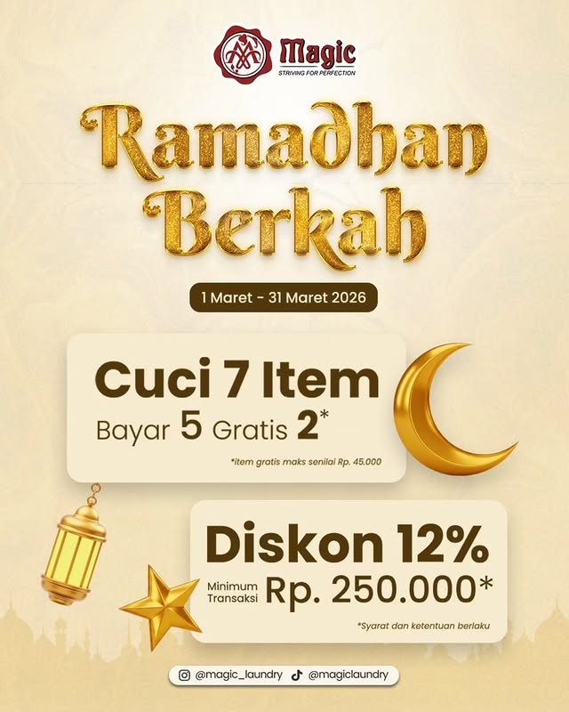 magiclaundry_id's tweet photo. 🌙 Promo Ramadhan Berkah 🌙

✨ Cuci 5+2 item (maks Rp45.000)
✨ Diskon 12% min. transaksi Rp250.000
Berlaku 1–31 Maret 2026. S&amp;K berlaku.

Pesan mudah via aplikasi MyMagic 🤗
🌐 https://t.co/TAumVD5hyQ

#Promo #Ramadan https://t.co/JfkUIQusu9