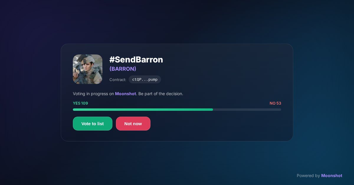 graceeegad's tweet photo. $Barron is super close to Moonshot listing — we're only a few of votes away.
We're already at the last step with Moonshot, so now it's on the community to show up. This vote could be what pushes us over the line.

https://t.co/mMH9Ew2VNY https://t.co/H46NnK1wvw