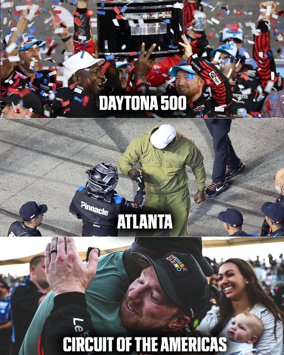 SportsCenter's tweet image. Tyler Reddick wins at COTA to become the first driver in NASCAR Cup Series history to win the first 3 races of a season 🏆 
 
Reddick is driving for Michael Jordan's 23XI team.