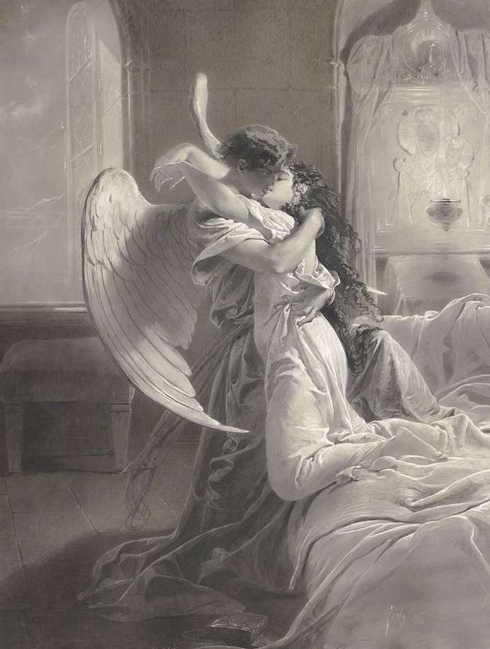 リトグラフですが美しき一枚です。ミハーイ・ジチーの「接吻」（1864）であります。

天使のように見える男に総てを投げ出し身を委ねる女。彼女の表情は愛の喜びで官能的にさえ見えます。対して男はというと、このままでは解りにくいので拡大したものを二枚目で見てみましょう→続