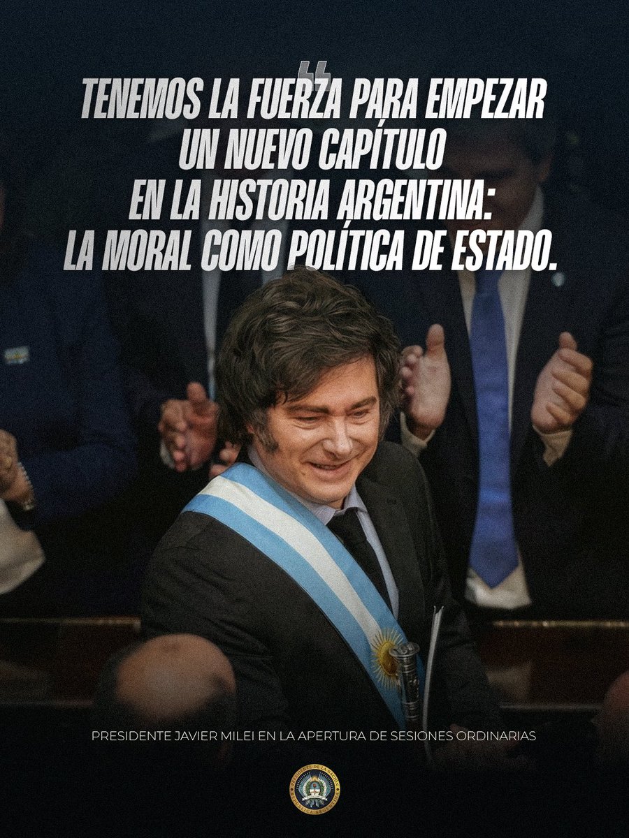 OPRArgentina's tweet photo. El Presidente Javier Milei en la Apertura de Sesiones Ordinarias del Congreso: “Tenemos la fuerza para empezar un nuevo capítulo en la historia argentina: la moral como política de Estado”. https://t.co/uIh2dzGzo9