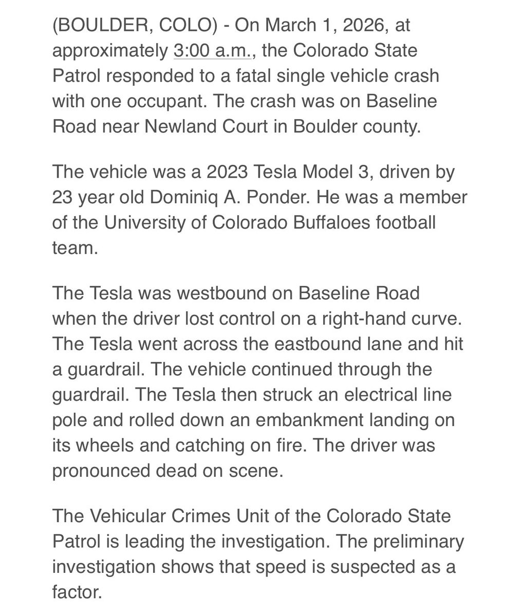 ESPNRittenberg's tweet image. From the Colorado State Patrol, on the single-vehicle crash early Sunday that claimed the life of Colorado football player Dominiq Ponder, 23.