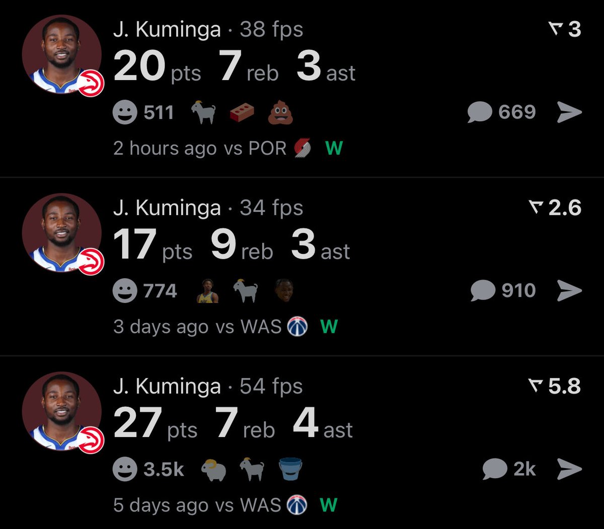realapp's tweet photo. The Hawks are 3-0 with Jonathan Kuminga. https://t.co/Fj2N17qmk5