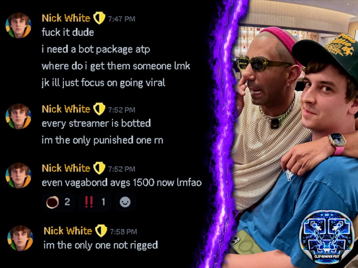 Former YouTuber, now Kick streamer Nick White crashes out in Discord, calling out blatant viewbots on Kick and mentioning Vagabond. 👀

“Every streamer is botted.”

“I’m the only one not rigged.”