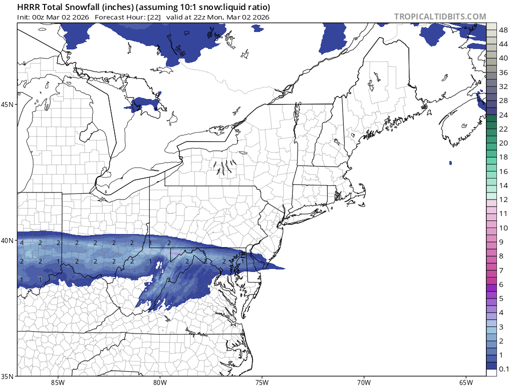 keepinit_reale's tweet photo. This does actually extend into MD, likely just north of DC with a stripe of decent snowfall. However, it's largely afternoon. So while there may be a "surprise" 1 or 2" locally (currently no NWS snow thru Mon eve), it won't really do much on pavement so not big deal. https://t.co/JgVj80q2sA