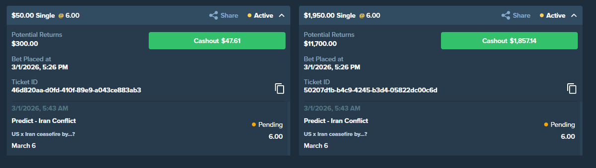 I just placed a $2,000 bet for a ceasefire by March 6th between U.S.A + Israel against Iran. 

I'll give 1 lucky person who retweets, likes &amp; comments on this post $500 if US &amp; Iran come to a ceasefire by March 6th!

First time trying Predictions out on <a href="/Duelbits/">Duelbits</a>