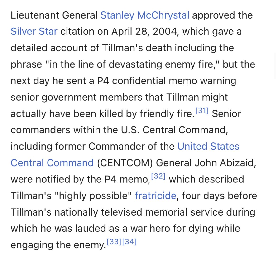 Pat Tillman. Shot three times in the head, in a tight cluster, at close range. His own unit burned his armor, uniform, and journals on Afghanistan. It was murder and then a cover-up. And Epstein’s friends were involved.