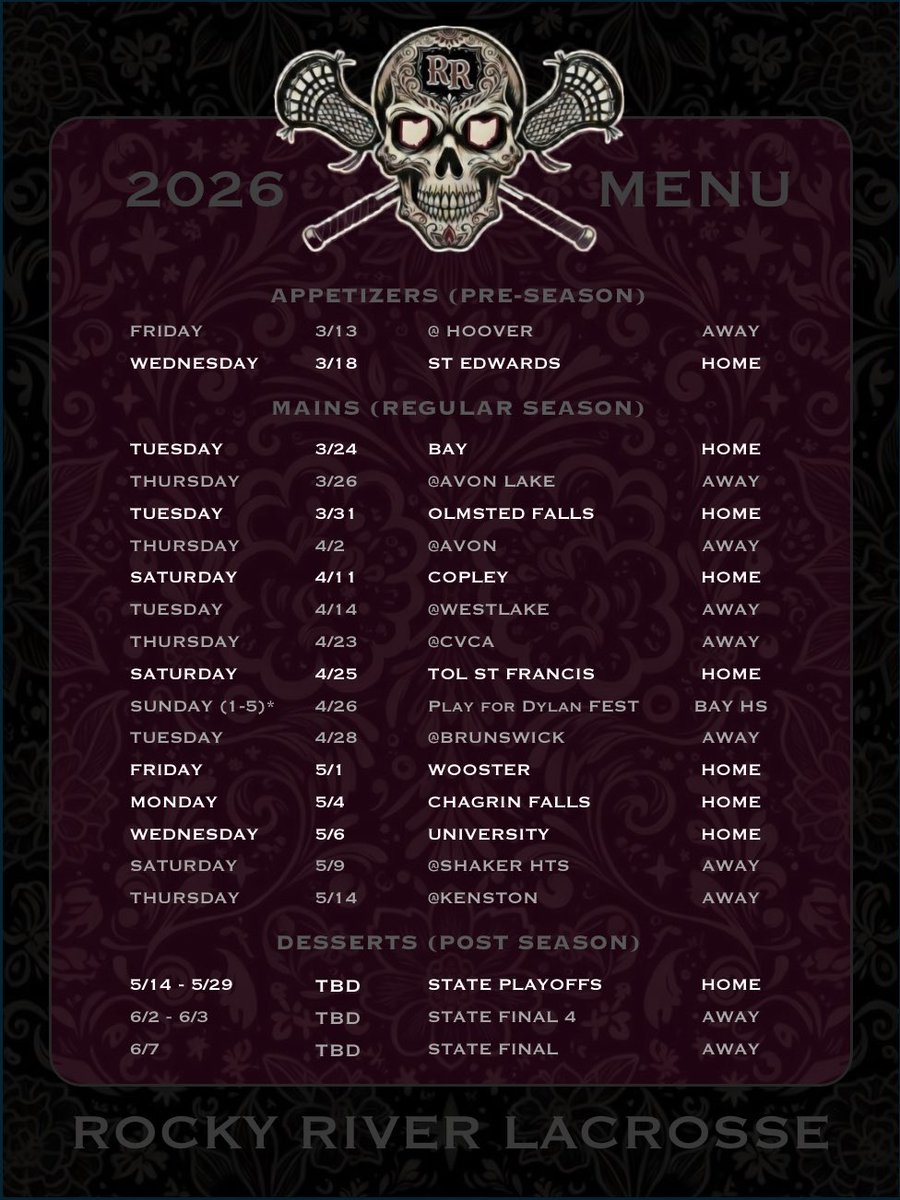 RockyRiverLax's tweet photo. Hungry for the 2026 Boys Lacrosse season? Here’s what’s on the menu… #LetThemCook #SaveRoomForDessert @rrhsBN @116sports @rrboosters https://t.co/6ZmlLM8Lt7