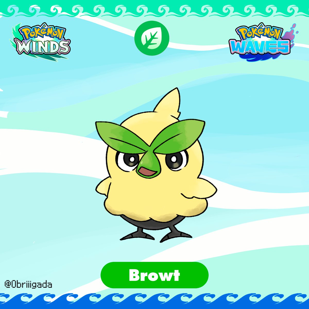 Obriiigada's tweet photo. Before posting the evo predictions, here is Browt

Browt, the Bean Chick Pokémon
Grass type

This Pokémon runs about energetically while photosynthesizing using the leaves on its brow. It’s lively, but it can also be a bit clumsy.

#pokemonwindswaves #browt #pokemonart #videogame https://t.co/3AAZicj4YN