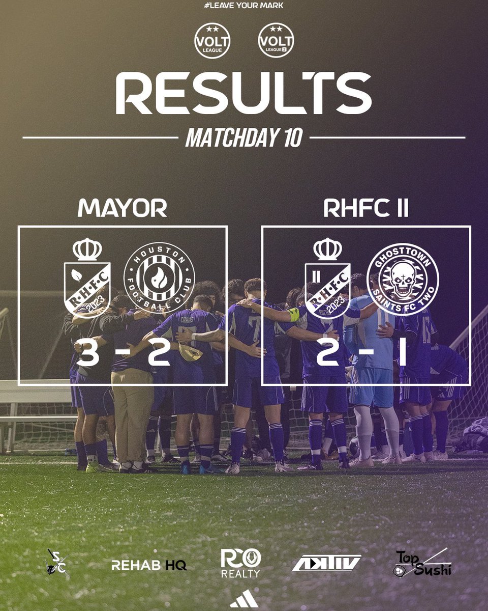 RealHoustonFut's tweet photo. TWO HUGE WINS! RHFC takes down @HoustonFCTX  in a huge battle for a @VoltLeague_US playoff push. While RHFC II scores a late winner to beat @GTSFC_USA 2 in a  2-1 thriller to gain some valuable points in @VoltLeague_US 2! #VamosRealHouston #RealHoustonFC #RHFC #RHFCII 🟣⭐️ https://t.co/h9b7UbcgoF