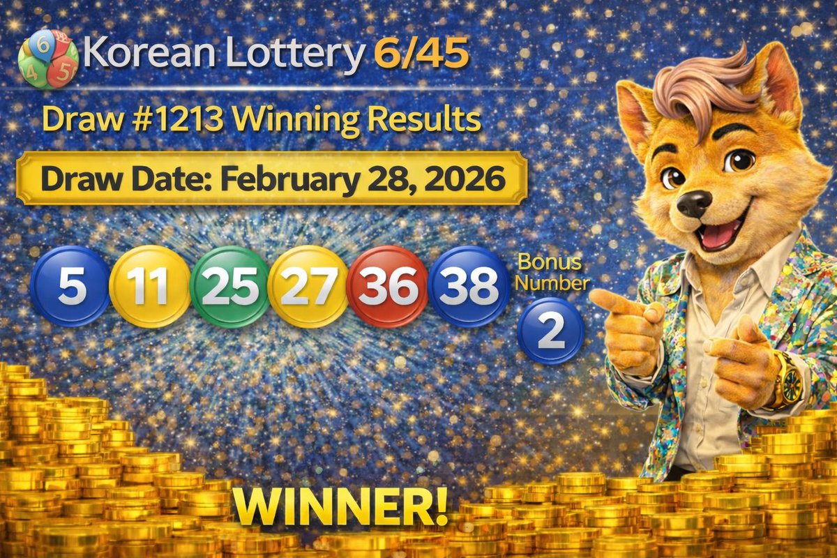 JindoKpop's tweet photo. Korean Lotto 6/45 #1213
Numbers: 5·11·25·27·36·38 (+2)
1st Prize: KRW 1,740,011,646 each(18 winners)

👉 Buy your next ticket with $JINDO:  
https://t.co/mW18d8wzc4

#JINDO #JINDOGE #KOREANLOTTO #CRYPTOLOTTO
#BUYLOTTO #memecoin https://t.co/Mny54RUSkD