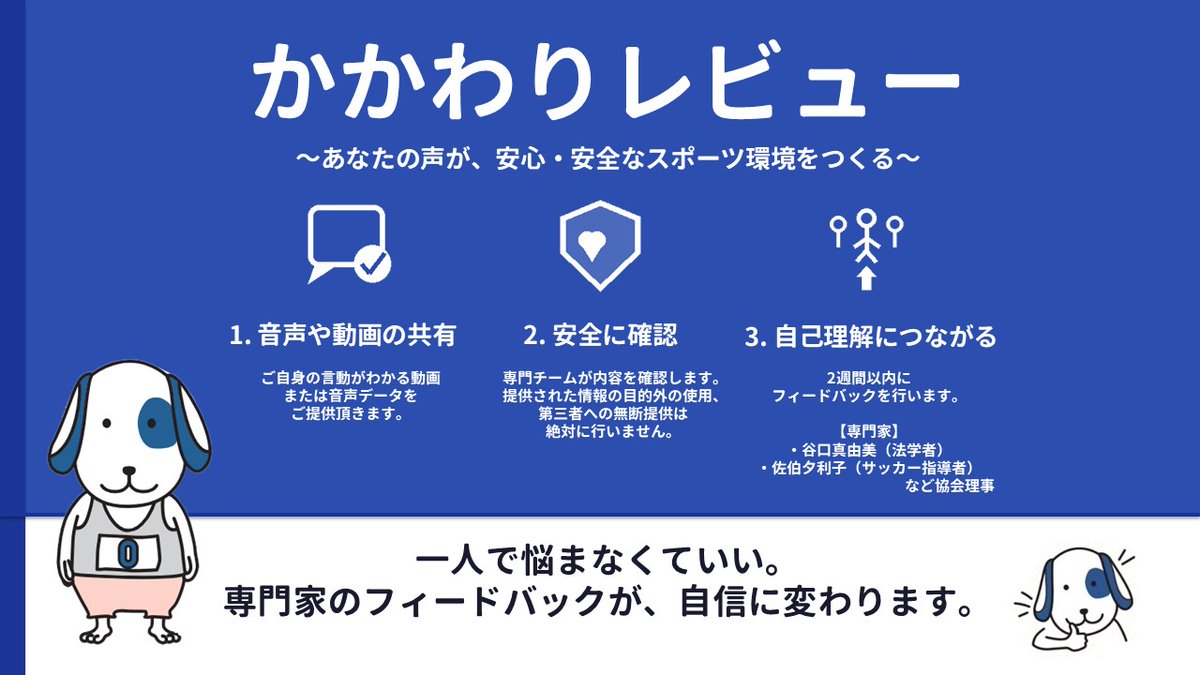 ✔️「かかわりレビュー」

「自分の声かけは大丈夫かな？」
そんな思いを持つ方に寄り添います。

スポハラZERO協会のサービス「かかわりレビュー」は、保護者や指導者等の皆さまの声かけを、専門家がフィードバックする安全なサポートプログラムです。

▼詳細はこちらから
supoharazero.org/review/