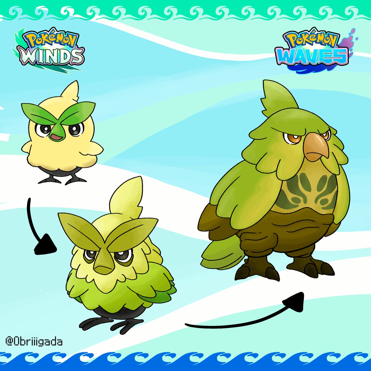 Obriiigada's tweet photo. Browt´s final evo predic

Sproutapo, the Wise Parrot Pokémon
Grass &amp; Ground type

It preffers to settle into soft soil and mud to keep its body healthy. Older Sproutapo are known to guide lost grass Pokémn back to fertile grounds.

#pokemonwindswaves #browt
#pokemonart
#videogame https://t.co/8Z3UY7tvRC