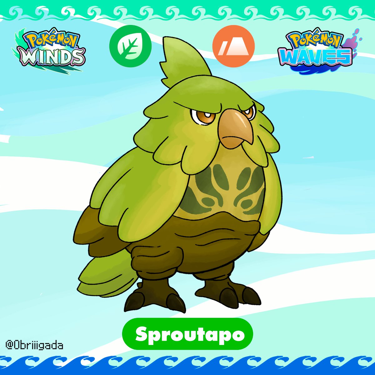 Obriiigada's tweet photo. Browt´s final evo predic

Sproutapo, the Wise Parrot Pokémon
Grass &amp; Ground type

It preffers to settle into soft soil and mud to keep its body healthy. Older Sproutapo are known to guide lost grass Pokémn back to fertile grounds.

#pokemonwindswaves #browt
#pokemonart
#videogame https://t.co/8Z3UY7tvRC
