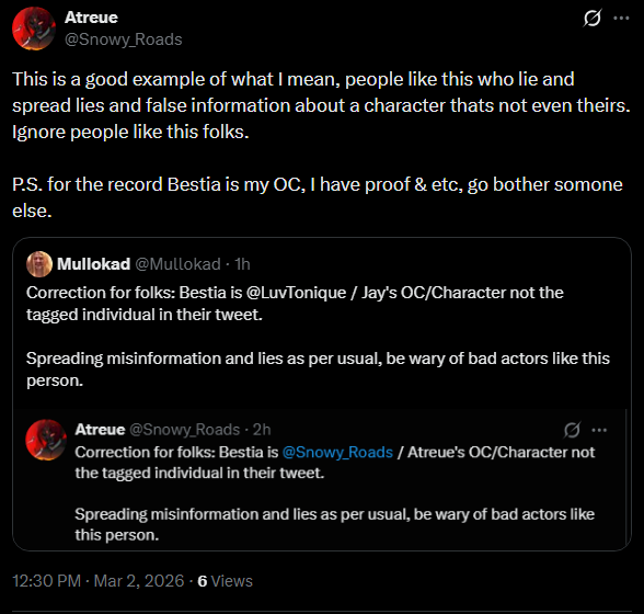 Mullokad's tweet photo. This is a good example of what I mean, people like this who lie and spread lies and false information about a character thats not even theirs. Ignore people like this folks.

P.S. for the record Bestia is Jay's OC, I have proof &amp; etc, go bother somone else. https://t.co/7doMfjQjST