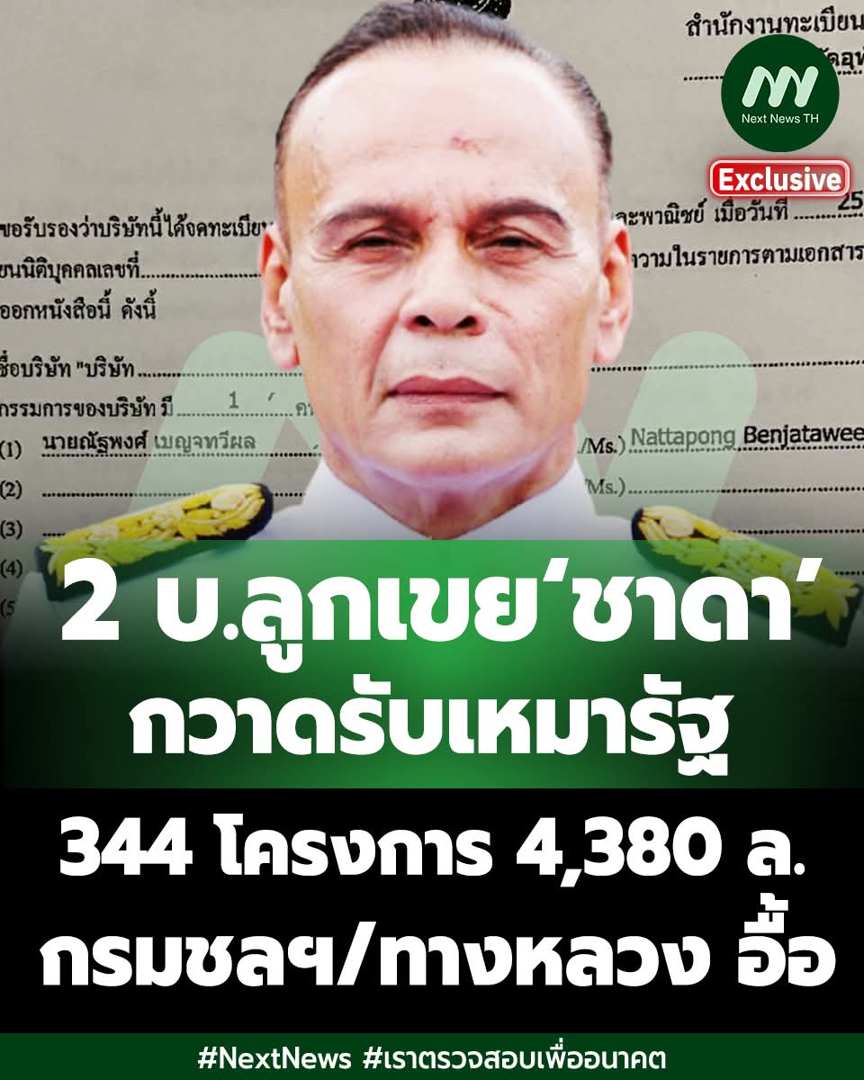 2 บ.ลูกเขย ‘ชาดา ไทยเศรษฐ์’รอง หน.ภูมิใจไทย สิงห์เมืองอุทัย ๙ ‘อนันต์ ปาทาน’สามี ‘ซาบีดา’ รมว.วัฒนธรรม – ‘อุทัยไชโย’ ของ ‘ณัฐพงศ์ เบญจทวีผล’ สามี ‘ปานัดฌา’ กวาดรับเหมาหน่วยงานรัฐ ปี 2564-2568 จำนวน 344 โครงการ 4,380.22 ล. – กรมทางหลวง กรมชลฯ อปท.ใน จว.ภาคกลางอื้อ
.

.
Cr. Next