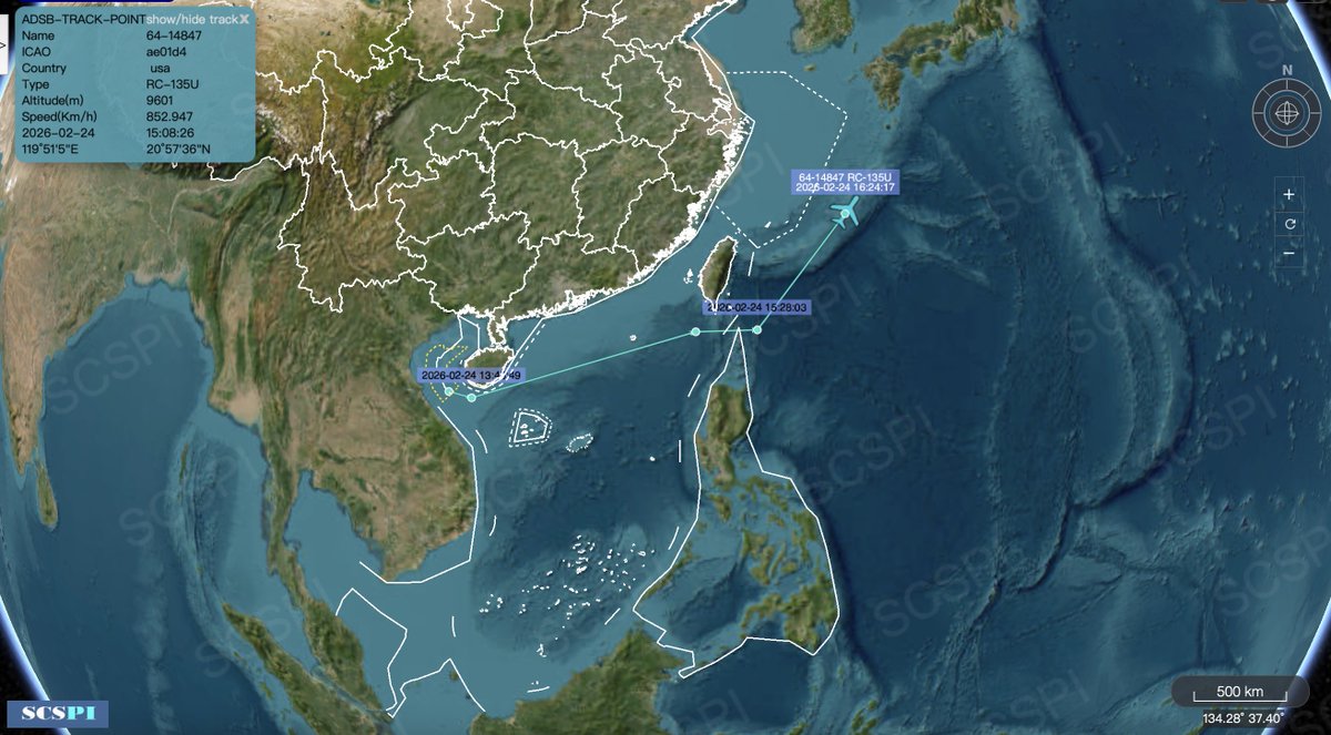 SCS_PI's tweet image. #Statistics: In February 2026, 72 sorties of US military land-based reconnaissance aircraft were spotted over the #SouthChinaSea according to ADS-B data, significantly decreasing compared with the number in the last month. Cases: USAF RC-135U and USN P-8A operated on Feb. 24 and